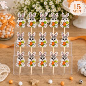 Havuç tutan tavşan figürlü kürdan süs 15'li set, doğum günü ve Peter Rabbit konsept parti süsü