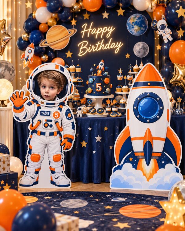 Kişiye özel astronot ve roket ayaklı pano seti, uzay konseptli doğum günü dekorasyonu