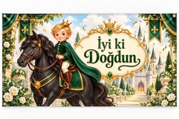 Yeşil atlı prens temalı kuşgözlü doğum günü brandası