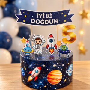 Lacivert galaksi desenli maket pasta üzerinde astronot, roket, gezegen ve gold 5 yaş süsleri