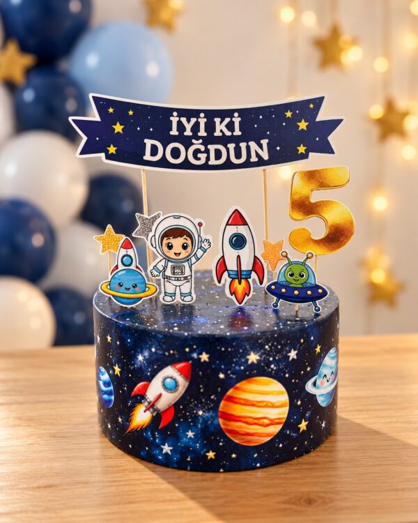 Lacivert galaksi desenli maket pasta üzerinde astronot, roket, gezegen ve gold 5 yaş süsleri
